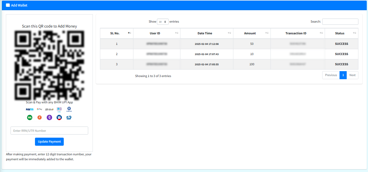 QR Gateway Add Wallet or Payment Add by UTR Number or Reference Number Auto Verified with bPay